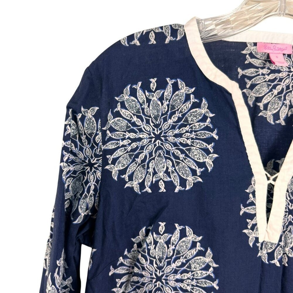 Lilly Pulitzer Navy Blue Printed Beach Cover-Up Tunic Dress Long Sleeve Resort - Picture 4 of 11